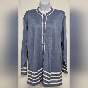 Alfred Dunner XL Cardigan Sweater Button Down Long Sleeves Stripes Blue White
